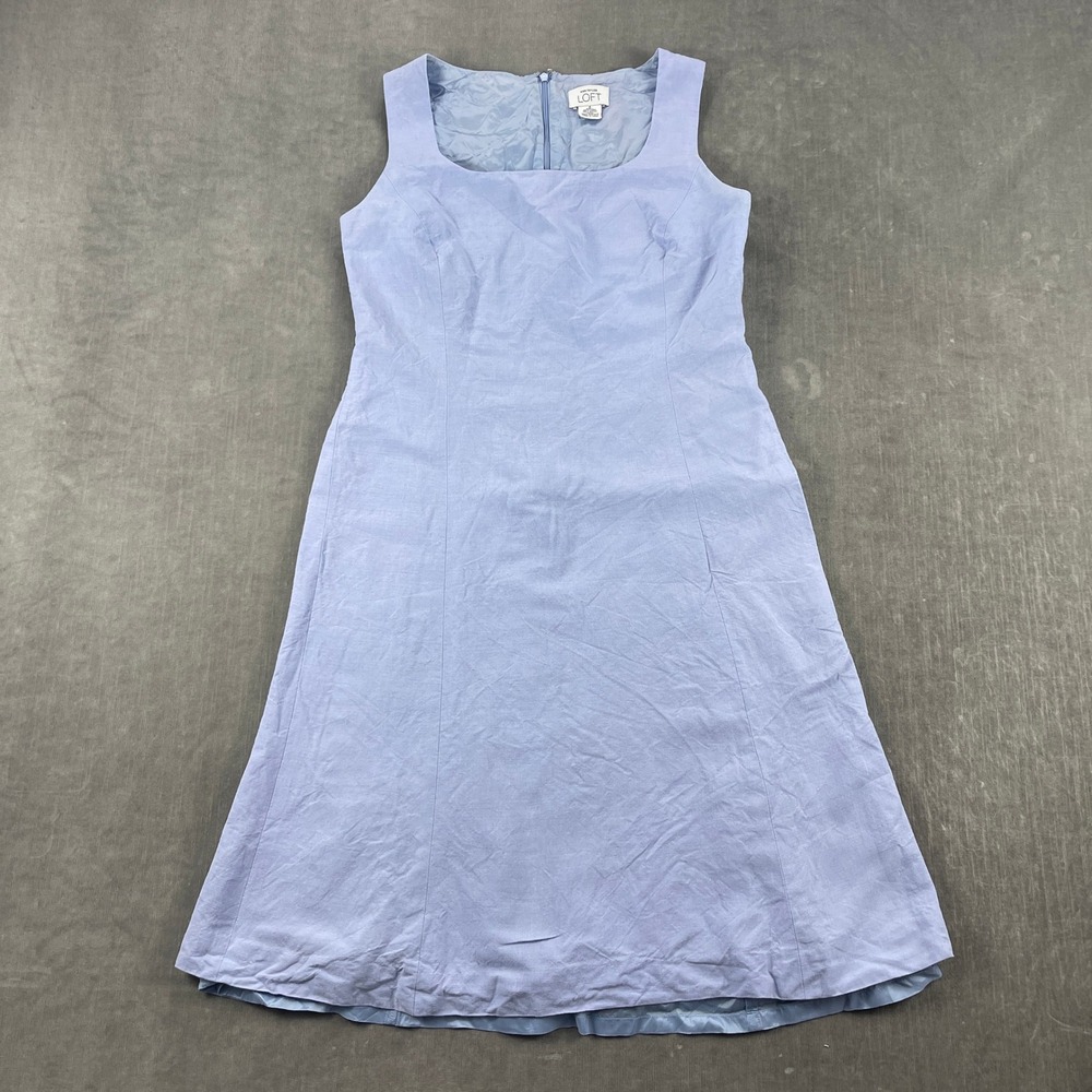 Ann Taylor Loft Women 6 Blue Linen Blend Sleeveless Square Neck Sheath Dress